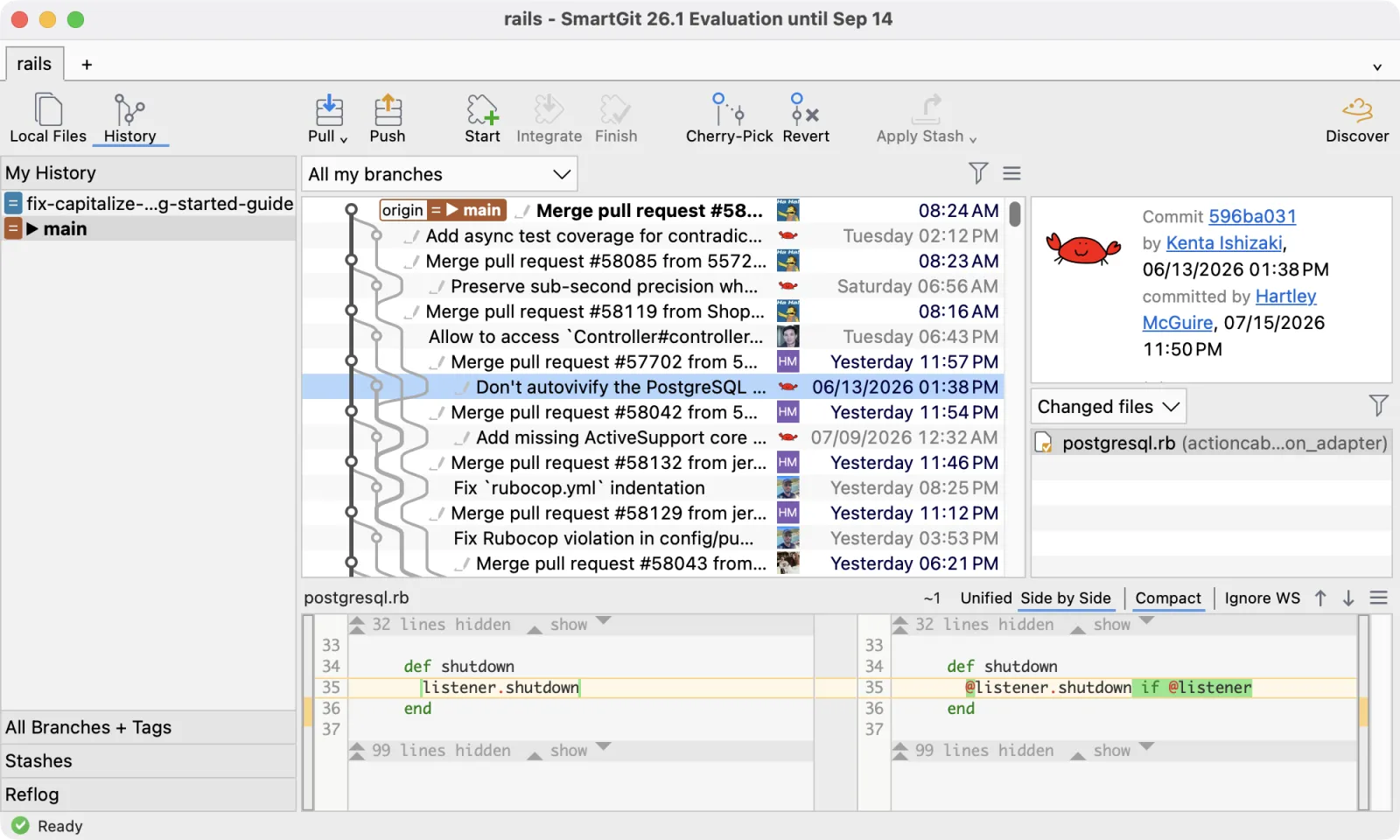 SmartGit client interface showing commit history and a side-by-side diff