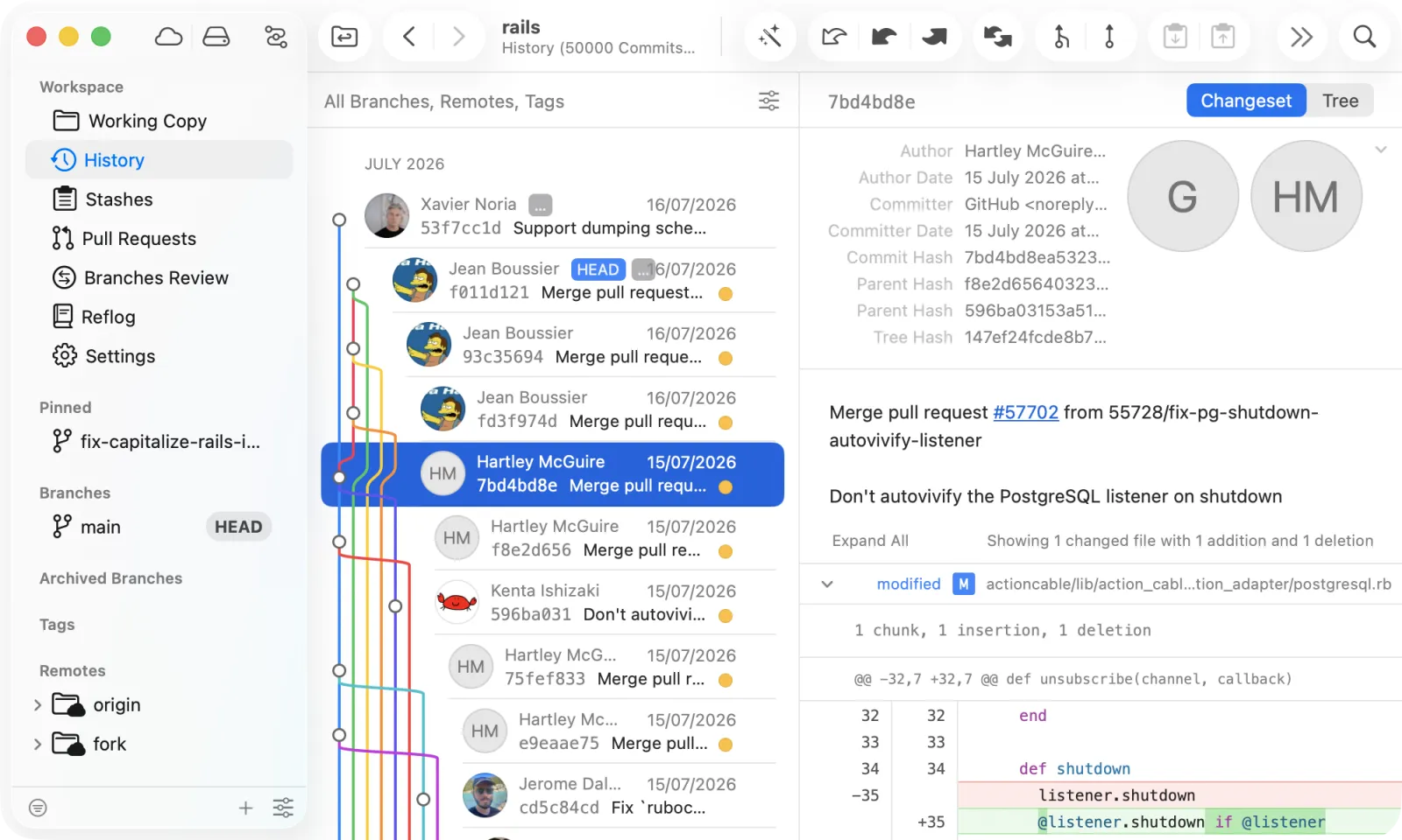 Tower Git client interface showing branches and commit history