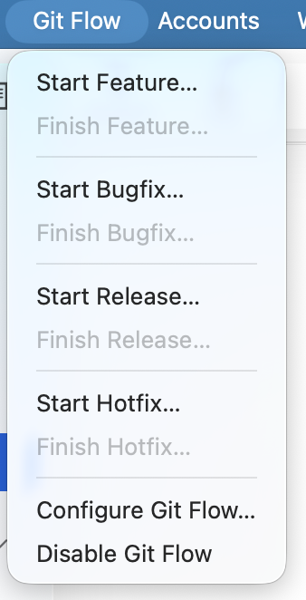 Commit+ Git Flow menu with Start and Finish actions