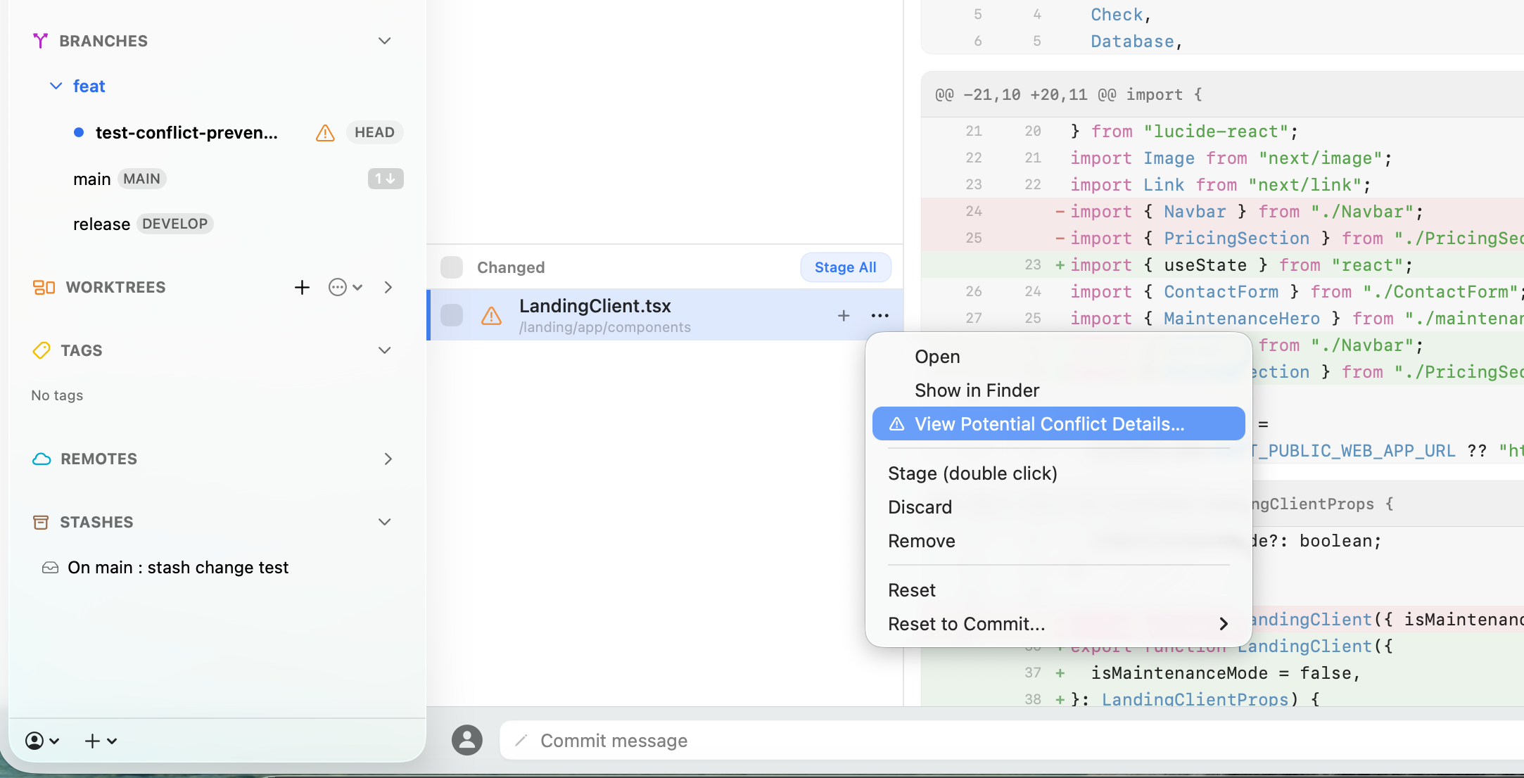 Commit+ context menu highlighting View Potential Conflict Details for a changed file