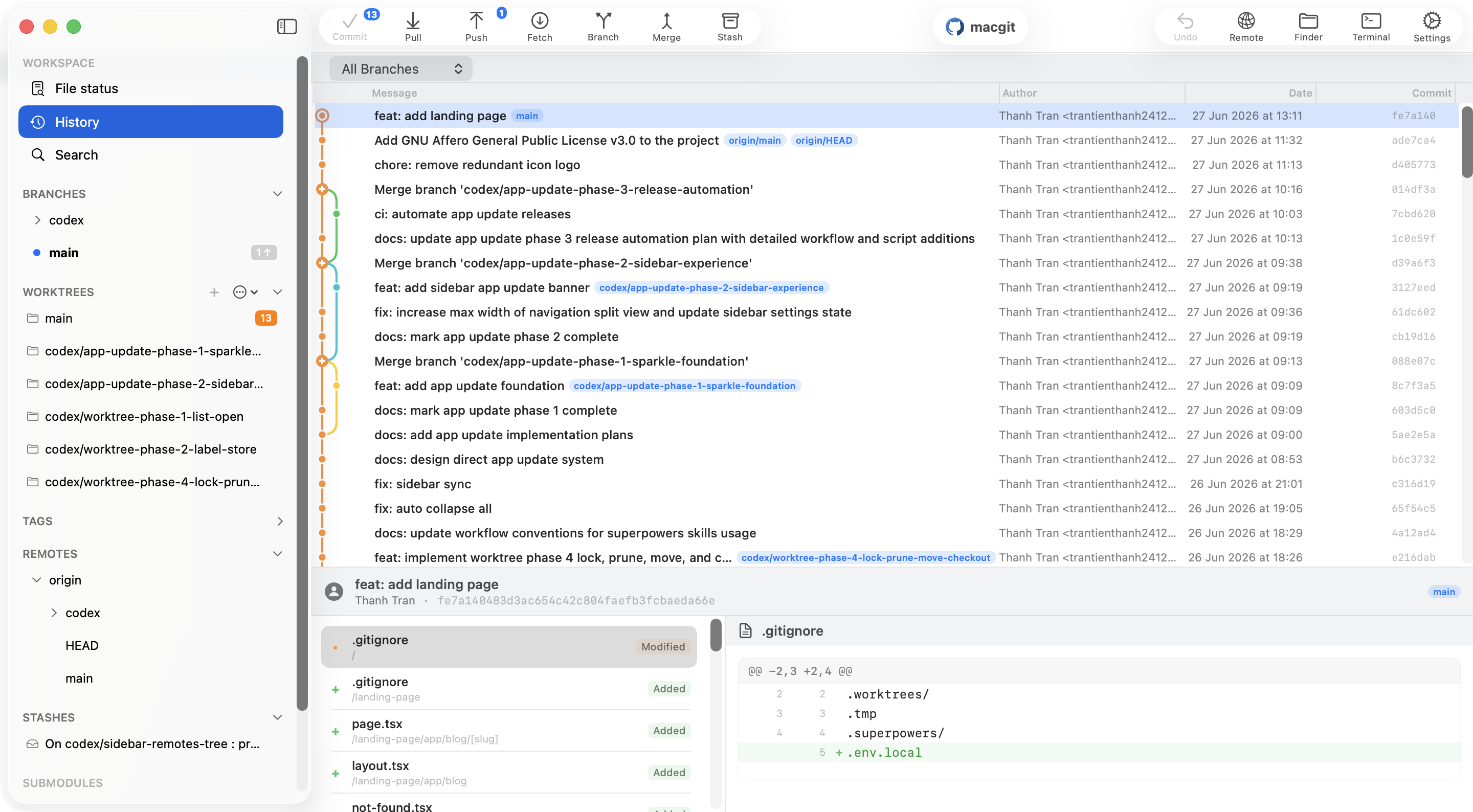 Commit+ history view with commit graph and repository sidebar