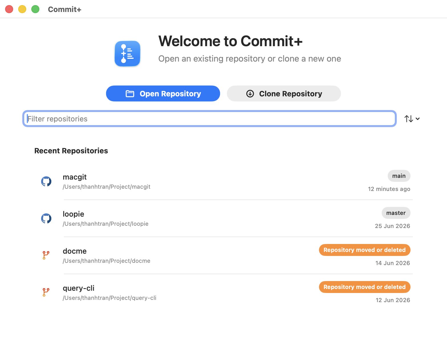 Commit+ welcome window showing recent Git repositories